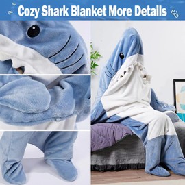 DDMY DDMY Shark Onesie Shark Blanket, Flannel Blanket Hoodie Wearable Blanket Christmas Costumes for Cosplay, Cartoon Throw Blankets Shark Sleeping Bag Blanket Christmas Blanket New Year Blanket