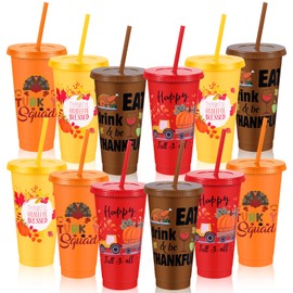 Yoiemivy 12 Pack Fall Thanksgiving Plastic Cups with Lids and Straw 24 oz Reusable Party Tumblers Holiday Drinking Cups for Autumn Harvest Thanksgiving Party Decoration Favors Supplies