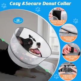Didopet Inflatable Dog Cone with Anti-Licking Clear Shield, Protective Dog Donut Collar After Surgery, Adjustable Soft Recovery Cone for Pets, Alternative Collar with Buckle Strap (Grey Paw, M)