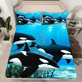 Erosebridal Killer Whale Bedding Sets Orcinus Orcas Fitted Sheet The Underwater World Jellyfish Bed Sheets for Kids Boys Girls Deep Sea Animals Marine Life Sheet Set 3 Pieces Child Room Decor Twin