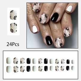 24 Pcs Black Oval Press on Nails Short Acrylic Fake Nails Spring Summer Daisy False Nails with Glue Flower Nails Press ons Full Cover Nail Tips Glossy Glue on Nails Reusable Stick on Nails for Women