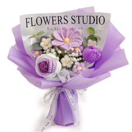 LuckyBundle Hand-Crochet Floral Bouquet - Roses, Tulips & Cosmos with Eucalyptus - Hypoallergenic Everlasting Keepsake for Her, Mother's Day & Weddings (Includes Bag & Card)