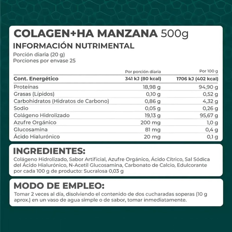Colágeno Hidrolizado Ácido Hialurónico Pronat 500g Sabor Manzana Verde