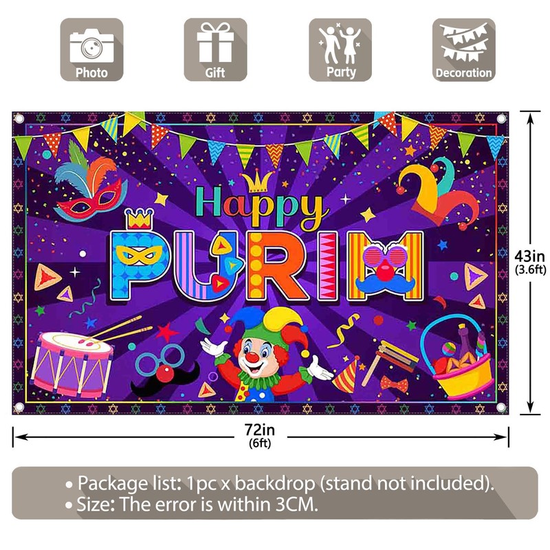 ZTHMOE Fabric 72x43inch Happy Purim Backdrop Jewish Banner
