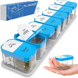 Pastillero semanal extragrande, tamaño XL, para uso diario, 7 días por la tarde, pastillero gigante para suplementos dietéticos, pastillero grande, dos veces al día, grande (azul/blanco)