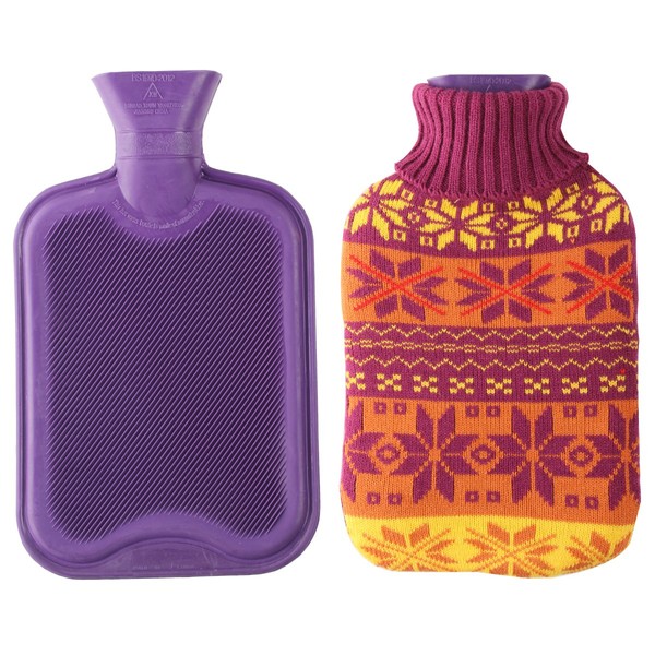 2 Liter Premium Classic Rubber Hot Water Bottle w/Cute Knit Cover (2 Liter, Purple/Snowflake)