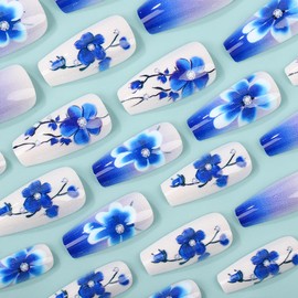 Flower Press on Nails Long Coffin Fake Nails Gradient French Glue Glossy Blue White False Nails Summer Acrylic Floral Designs Medium Length Artificial Press on for Women