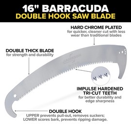 Jameson 16" Tri-Cut Double-Hook Saw Blade - Precision Cutting for Larger Branches, Fits Pole Saw Heads, Hard-Chrome Plated with Impulse Hardened Teeth for Long Life