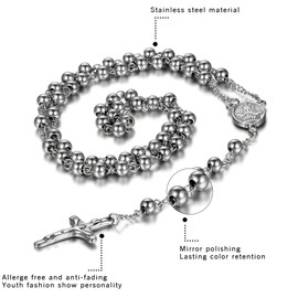 OIDEA 8MM Stainless Steel Mens Jesus Christ Crucifix Cross Rosary Beads Necklace 37",Silver