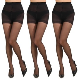 Paralinda 3 Pairs Women's 20D Pantyhose with Control Top and Reinforced Toes (Black, L)
