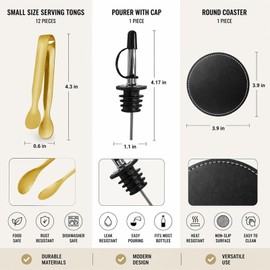 Wine Serving Set - Gold Tongs - Bottle Pourer - Black Coasters