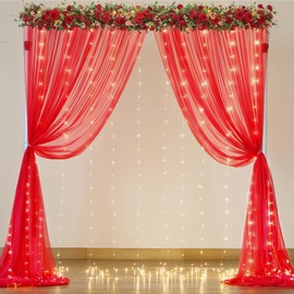 Red Tulle Backdrop Curtain with Lights String for Parites 10x8ft Red Sheer Backdrop Curtains Drapes for Birthday Party Bridal Shower Baby Shower Christmas Wall Photo Booth Background Decorations