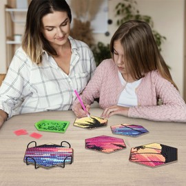 DIY Diamond Painting Coasters Kit with Holder - Set of 7 Diamond Art Coasters for Adults, Beginners & Kids for Home Décor, Diamond Art Craft Supplies & Drinks (Ocean Sunset)