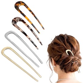 Aucuu 4Pcs French Hair Pins, U Shaped Metal Hair Fork, 2 Prong Updo Chignon Clip Sticks Buns Delicate French Twist Pins Gold Silver Tortoiseshell Twist Fork For Women Girls Buns Thick Long Hair