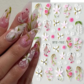 Flower Nail Stickers Rhinestone Design Summer Nail Decals Self-adhesive Floral Sticker for Nails Rose Five-petaled Bow Pearl Nail Design Supplies Flowers Stickers for Women Nail Art Decorations Charms