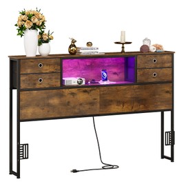 GiftGo Queen Size Headboard with 4 Fabric Storage Drawers Charging Station LED Light Adjustable Height Storage Rack Sturdy and Stable Metal Frame & Wood Shelf (Rustic Brown, Queen (U.S. Standard))