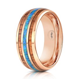 Gentlemen's Bands Premium Rose Gold Tungsten Wedding Band With Center Blue Opal Inlay | Wedding band is ideal Gift | Package Includes Silicone Band, Walnut Box, Leather pouch | Size 10