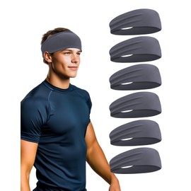 6 Pack Sport Headbands for Men & Women, Sweat Wicking Workout Sweatband, Grey Hairband for Running, Cycling, Football, Yoga (Grey 6 Pack)