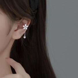 Reffeer Solid 925 Sterling Silver CZ Flower Cuff Earrings for Women Girls Flower Wrap Earrings Droplet Chain Earrings Cartilage Helix Earrings (A-Silver)