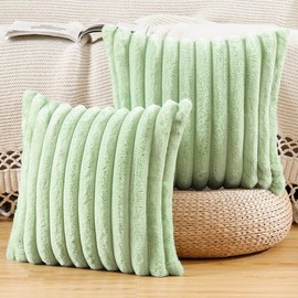 MADIZZ Set of 2 Faux Wool Plush Decorative Throw Pillow Covers 18x18 Inch Light Green Fluffy Striped Soft Decorative Cushion Cover for Sofa Bedroom Pillow Shell
