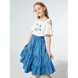 J·E Sterguard Girls' Skirt, Pure Cotton Blue Girls Denim Skirt, Knee Length A-Line Hem Girls Jean Legging Skirt, Denim Skirts for Girls2252SL1