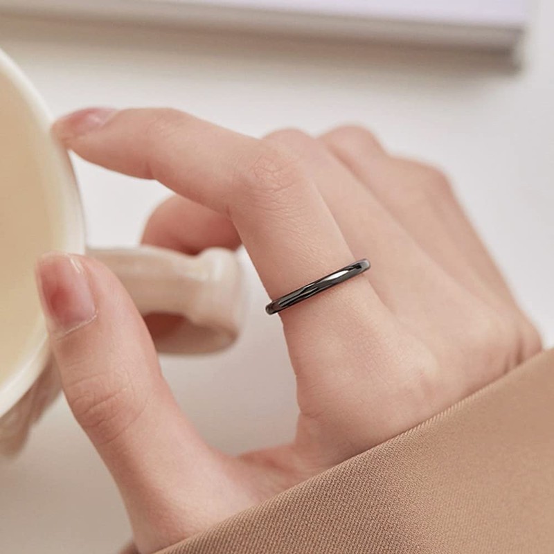 Cloyo 2mm Black Polished Dome Tungsten Ring for Women Stacking