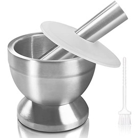 Pestle and Mortar Set, Sopito Stainless Steel Mortar Bowl and Pestle with Lid and Anti Slip Base for Herbs, Pills and Spices, 10cm(3.9") Diameter