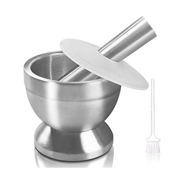 Pestle and Mortar Set, Sopito Stainless Steel Mortar Bowl and Pestle with Lid and Anti Slip Base for Herbs, Pills and Spices, 10cm(3.9") Diameter