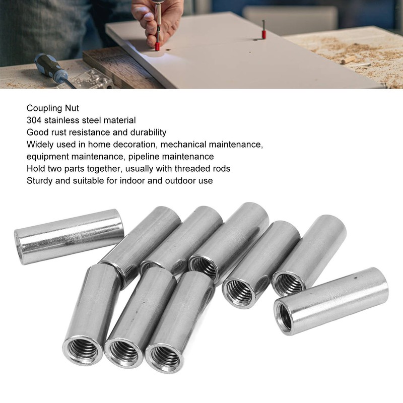 10Pcs Coupling Nut Female Thread Round Rod Connector 304 Stainless