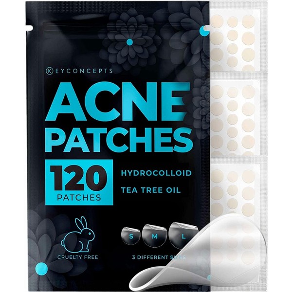 KEYCONCEPTS Acne Patches (120 Count) with Tea Tree Oil, Hydrocolloid Pimple Patches for Face - Zit Patch Acne Dots - Cystic Acne Patches - Pimple Patch with 3 Size Acne Stickers