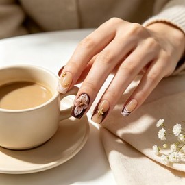Uñas postizas cuadradas de color marrón medio hechas a mano, ideales para otoño.