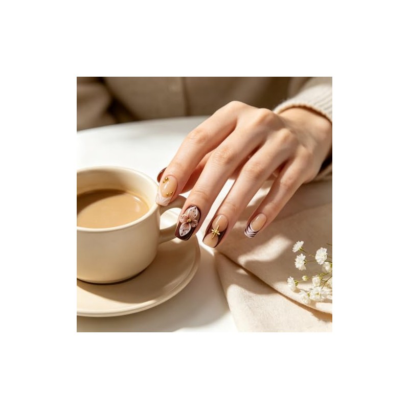 Uñas postizas cuadradas de color marrón medio hechas a mano,