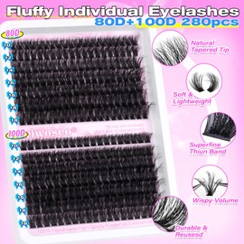 wiwoseo Fluffy Individual Eyelashes Kit 80D+100D Cluster Lashes Kit DIY Lash Extension kit Russian D Curl Lashes Individual Cluster with Lash Bond and Seal Lash Glue for DIY at Home (280pcs, 10-18MM)