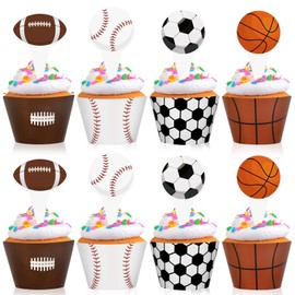 Hooqict 48 Pack Sports Cupcake Toppers and Wrappers Football Basketball Baseball Soccer Cupcake Topper Decorations Cupcake Picks for Boys Sports Theme Birthday Party Decorations
