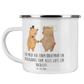 Mr. & Mrs. Panda Camping Emaille Tasse Unschlagbares Brautpaar - Geschenk, Freude, Emaille Trinkbecher, Heirat, frisch vermählt, Heiraten, Tasse