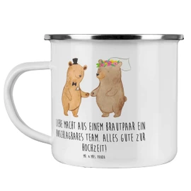 Mr. & Mrs. Panda Camping Emaille Tasse Unschlagbares Brautpaar - Geschenk, Freude, Emaille Trinkbecher, Heirat, frisch vermählt, Heiraten, Tasse