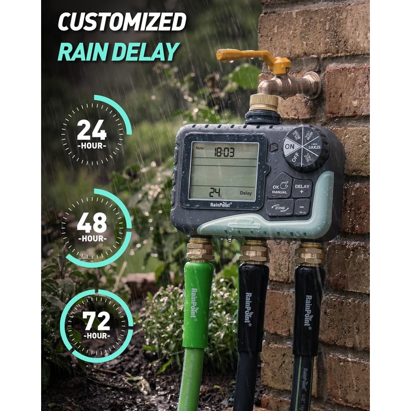 RAINPOINT 3‑Zone Water Timer, Brass Inlet & Outlet, 2027 Upgraded