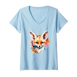 Womens Colorful Splash Art Fennec Fox V-Neck T-Shirt