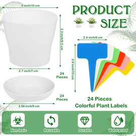 Aodaer 24 Pack 4 Inch Plastic Planters with Multiple Drainage Holes and Tray Indoor Outdoor Flower Plant Nursery Pots with Labels Flower Seedling Pots for Herb Garden Home Succulents, White