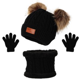 CHENKEE Children's Winter Hat Scarf Gloves Set of 3 Winter Beanie Hat Scarf Gloves Set Baby Hat Beanie Hat Girls Knitted Hat for Children 3-8 Years, black