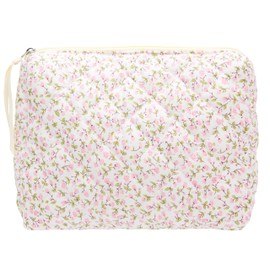 Quilted Makeup Bag Large Travel Zipper Soft Cosmetic Pouch for Women Girls Make Up,Floral Pink