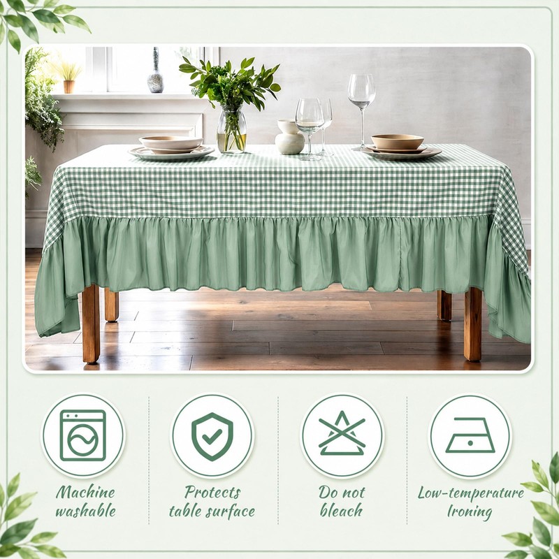 Moukeren 120"x60" Ruffled Tablecloth Gingham Striped Linen Table Cloth Rectangular