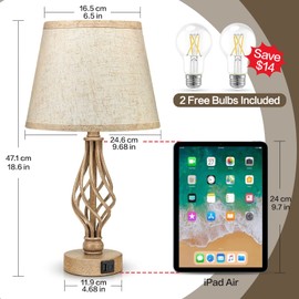 Touch Table Bedside Lamps Set of 2, Bedside Nightstand Lamps with USB Type-C Ports, Desk Lamp for Living Room Bedroom Side Table (Wooden Color Base)