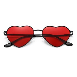 NIDOVIX Polarized Heart Shaped Sunglasses for Women, Vintage Fashion Cute Lovely Red Sun Glasses Metal Frame UV400 Protection Lens (Black/Red)