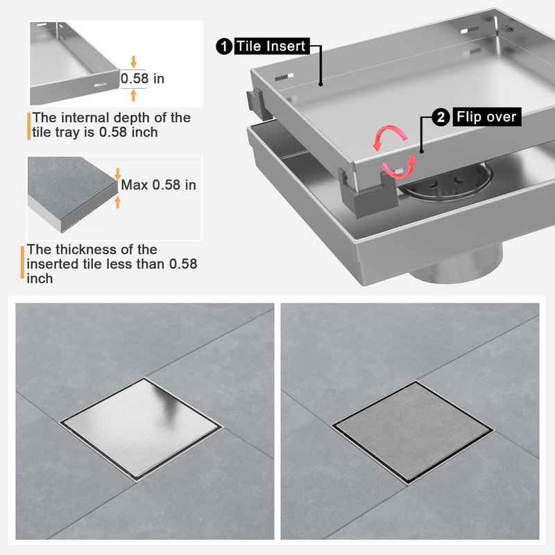 EBYTE Square Shower Drain, 6 Inch Brushed Nickel 304 Stainless