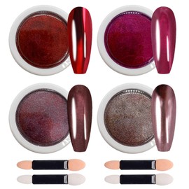 GZMAYUEN 4 Boxes Red Chrome Nail Powder Mirror Effect Metalic Powder Pigments for Nails, Deep Red, Pink，Rose Red Mirror Metallic Powder for Nails