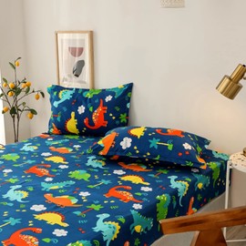 Chickwin Dinosaur Small Double Bed Fitted Sheet -30cm Deep, Cute Cartoon Animal 4ft Fitted Sheets, Soft Brushed Microfiber Easy Care Fade Resistant Breathable Fitted Sheet (120x200cm)