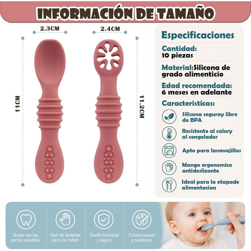 10PCS Juego Cucharas Masticables de Silicona,cucharas masticables de silicona arcoíris,con