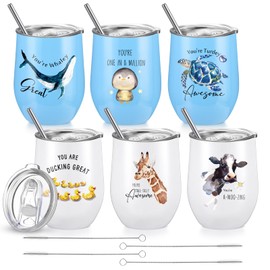 Skylety 6 Pcs Thank You Gift Bulk Coworker Appreciation Motivational Tumbler 12 oz Teacher Nurse Staff Employee Stainless Steel Insulated Mug with Straw Lid Funny Animal Cow Duck Turtle Sign Gift