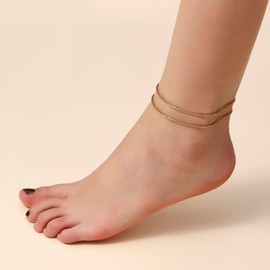 2Pcs Gold Diamond Chain Anklets Bracelets for Women Layered Dainty Gold Ankle Bracelets Non Tarnish Waterproof 14k Gold Plated Stainless Steel Anklets for Women Foot Chain Summer Beach Jewelry Gifts